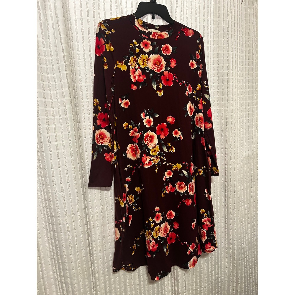 Riah Fashion Burgundy Floral Long Sleeve Swing Dress with Pockets Size S